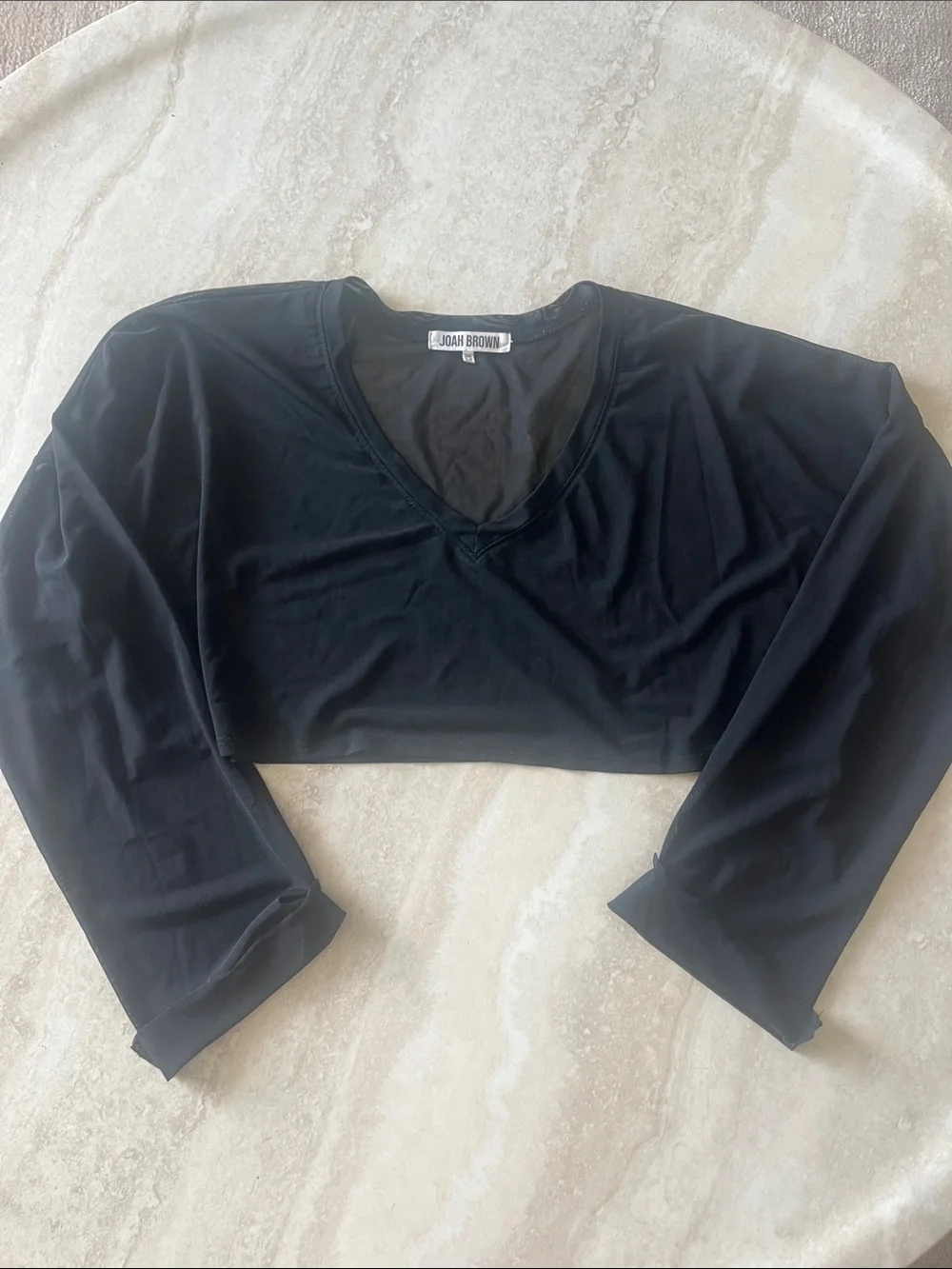 Joah Brown Black V-Neck Long Sleeve Sheer Crop Top - Picture 2 of 4